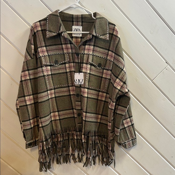 Zara Jackets & Blazers - ZARA Green and Pink Plaid Fringe Jacket